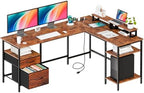 DUMOS 62" L Shaped Computer Desk with Drawers and Shelves, Rustic Brown by DumosLifestyle