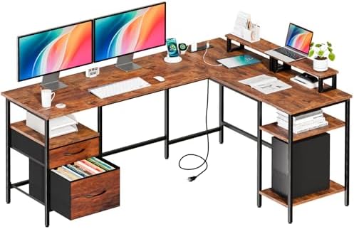 DUMOS 62" L Shaped Computer Desk with Drawers and Shelves, Rustic Brown by DumosLifestyle
