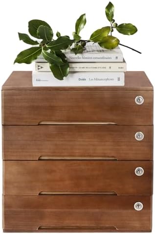 4 Drawers Wood Storage Box, Wooden Desktop Storage Box with Lockable Drawers Flat File Cabinet Multilevel Apothecary Cabinet for Office, Study 15.75 x 11 x 15.94 Inch by Unknown