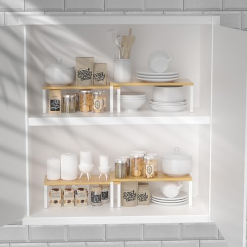NEX Kitchen Cabinet and Counter Shelf Organizer, Stackable & Expandable, Set of 4, White and Natural - 7.7 x 15.6 x 6.2'' - Image 2