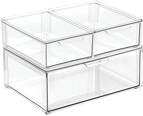 mDesign Plastic Stackable Bathroom Storage Organizer Bin Containers with Front Pull Drawer for Bathroom Countertop, Vanity, Closet Shelves - Holder for Accessories, Lumiere Collection, Set of 3, Clear by mDesign