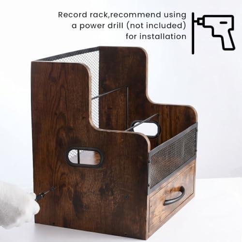 Vinyl Record Storage,Wooden Album Crate Holder,Holds up to 60 Records with Wood Drawer and Metal Dividers,Desk Accessories Storage Box for Home Kitchen Office Organization - Image 5