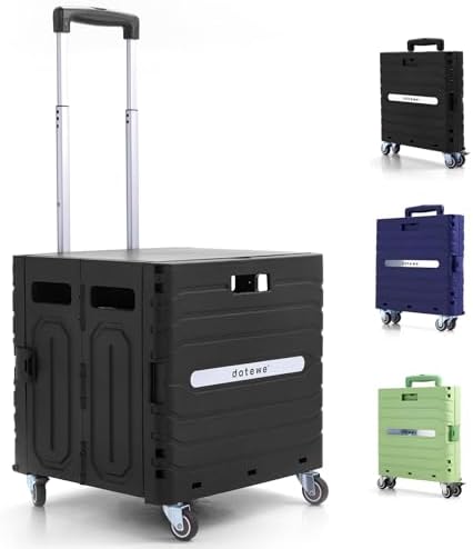 Folding Utility Cart Black Portable Rolling Crate Handcart Foldable Shopping Trolley Collapsible, with Lid, on Wheels, for Grocery, Garden, Office, Storage, Teacher, Tool (Black) by dotewe