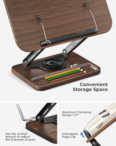 Viozon Book Stand for Reading, Book Holder 360° Rotating Base with Pen Slot, Foldable Reading Display Stand with Elastic Page Clips for Cookbook, Recipe, Textbook, Tablet, Laptop - Image 5