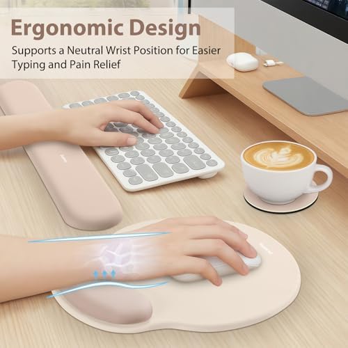 Sushret Mouse Pad and Keyboard Wrist Rest, 3-in-1 Gel Memory Foam Ergonomic Mouse Pad with Wrist Rest Set, Gaming Mousepad Arm Cushion Support for Computer Desk Accessories Cute Setup,Apricot Pink - Image 2