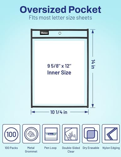 SUNEE 100 Packs Oversized Reusable Dry Erase Pocket Sleeves with 5 Rings, Black 10x14 Ticket Holders, Clear Plastic Sheet Protectors, Teacher School Classroom Supplies - Image 2