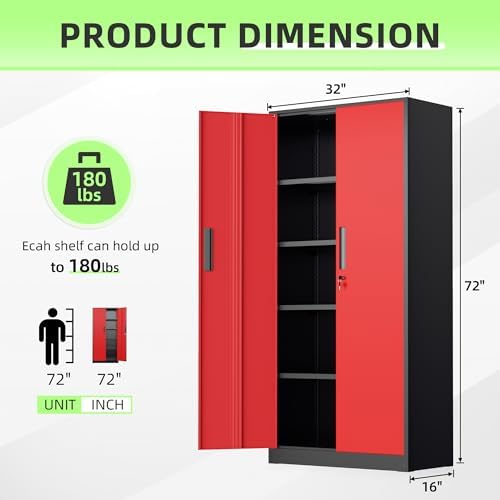 INTERGREAT Metal Storage Cabinet, 72" Locking Steel Cabinets with 2 Door and 4 Adjustable Shelves, Tall Metal Cabinet for Home Office, Garage, Warehouse,(Black+Red) - Image 3