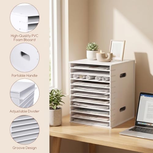 12 Tier 9" x 11" Scrapbook Paper Organizer, White Desk File Organizer with Adjustable Shelves, Desktop File Sorter Storage, Wide Document Holder Cabinets for Desk Home Office - Image 3