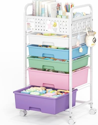 5 Drawer Rolling Storage Cart with Pegboard Top and Hooks, Ice Cream by SYKIARIOL