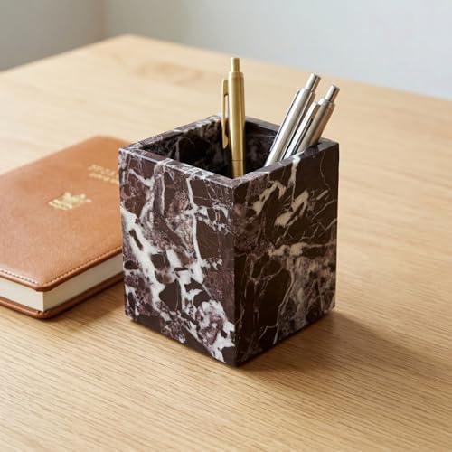 Natural Marble Pen Holder, Square Desk Organizer, Marble Toothbrush Holder, Multi-Functional Makeup Brush Holder, Decorative Storage Cup for Office Vanity Bathroom Kitchen (Rosa Levanto) by Unknown