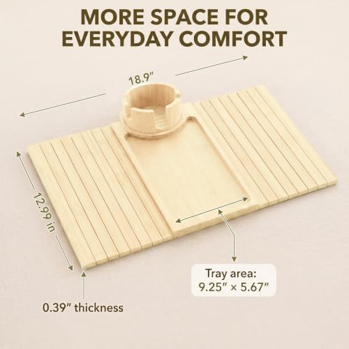 OMEO Couch Cup Holder, Bamboo Sofa Armrest Tray with 360° Rotating Drink Holder, Clip-On Arm Rest Table for Couch, Anti-Slip Armrest Tray for Snacks & Drinks, 18.9" x 12.99" - Image 2
