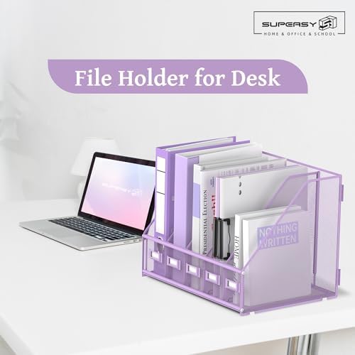 SUPEASY Desk Organizers Metal Desk Magazine File Holder with 5 Vertical Compartments Rack File Organizer for Office Desktop, Classroom, Home Workspace, Purple Plus - Image 7