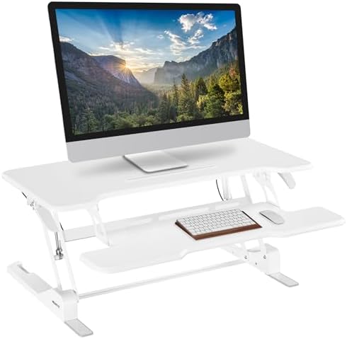Mount-It! Standing Desk Converter White 38” Wide Height Adjustable Stand Up Desk Riser, Desk Topper with Gas Spring, Desktop Standing Desk with Keyboard Tray Fits Two Monitors by Mount-It