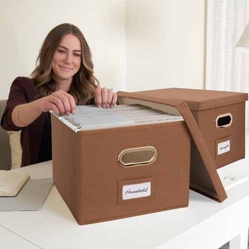 Decorative File Organizer Box Set of 2 - Collapsible Linen Filing Cabinets - Image 6