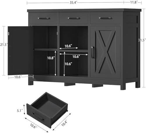 TEENFON Coffee Bar Cabinet with 3 Drawers, Farmhouse Buffet Cabinet - Image 3