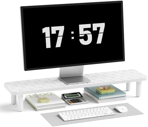AFOOYO Dual Monitor Stand For Desk,31 Inch Adjustable Wood Computer Riser Desktop Storage Stand For Computer,Laptop,Printer,TV,White Grid by AFOOYO