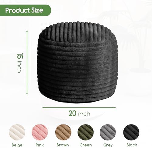 HIGOGOGO Round Stuffed Pouf Ottoman, Corduroy Poufs with High-Density Foam Filling, Furry and Fluffy Pouf Foot Stool Storage Ottoman, 20 X 15 Floor Poufs Foot Rest for Living Room, Black - Image 3