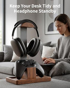 Headphone Stand and Controller Holder, 2-in-1 Walnut Wood Gaming Desk Organizer Compatible with Controllers, Display Mount for AirPods Max, Bose, Sennheiser, Gift for Gamers - Image 4