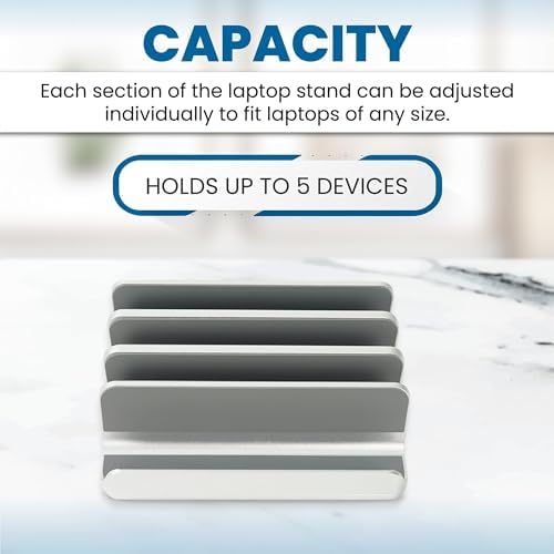 Elestoria 5- Slot Vertical Laptop Stand - Aluminum Laptop Stand Vertical for Desk - Fits MacBook Pro/Air, Surface, Mobiles & Gaming Laptops up to 17.3" - Heavy Duty Laptop Holder for Desk - (Silver) - Image 2