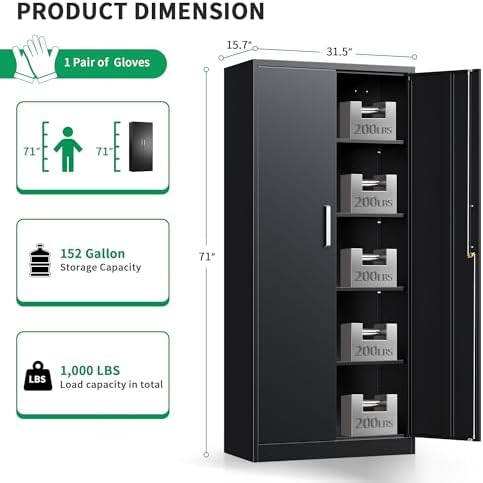 Metal Storage Cabinet with Locking Doors, 71" Tall Steel Locker Organizer with Adjustable Shelves, Garage Utility Cabinet for Home, Office, Shop, and School - Image 3