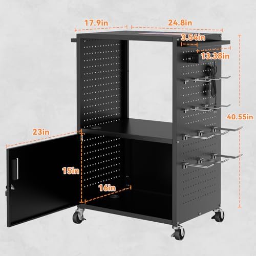 Mobile AV Cart, Heavy Duty Rolling Computer Cart with Push Handle & Hooks – Locking Cabinet, Pegboard, 4 Outlets, Lock Brake Casters – Media Utility Cart on Wheels for Office/Classroom - Image 2