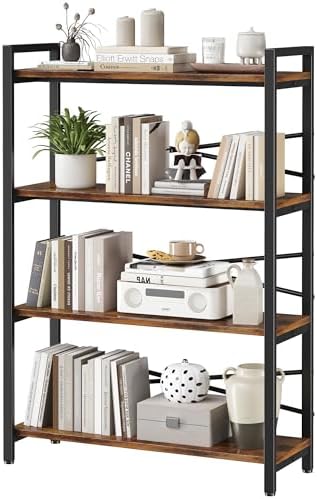 4 Tier Bookshelf 31.49" Width, Book Organizers and Storage, Wood and Metal Tall Bookcase, Rustic Book Shelf Organization and Storage for Home Living Room Bedroom Office Storage(Rustic Brown) by Homeiju
