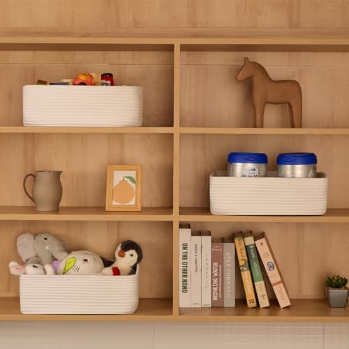 MiniArk Large Shallow Organizing Baskets 15x11x5.1 Inches - Rope Woven Storage Bins for Bathroom, Shelves, Cube Closet, Off White 3 Packs - Image 3