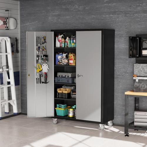 VINGLI Upgraded Wide & Deep Garage Storage Cabinet, Metal Storage Cabinet with Pegboards, Wheels, Locking Doors and Adjustable Shelves (Black & Silver, 43''W x 20''D x 72''H) - Image 2