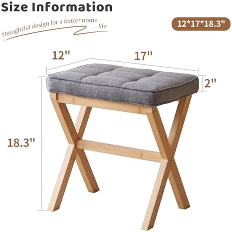 Foot Stool Small Ottoman Foot Rest Padded Foot Stool Desk for Under Office Desk Vanity Stool Bamboo Footstool Sofa Footrest Shoe Stool Small Foot Stools (Natural Legs + Gray) - Image 2