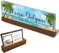 Artblox Personalized Office Desk Name Plate and Business Card Holder | Clear Acrylic Glass with Teak Wood Stand | Sand Beach Design Customized with Your Name and Credentials Office Desk Decor by Artblox