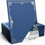 50 Pack Double Sided Certificate Holders 8.5x11 Blue - Heavyweight 300gsm Cardstock Diploma Holder - Dual Certificate Folder Letter Size Award Certificate for Graduation with Silver Foil Diploma Cover by Juzari