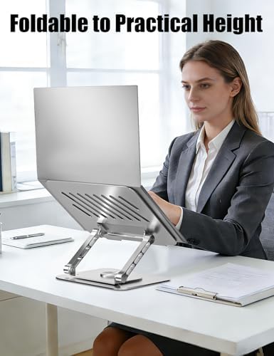 Adjustable Computer Stand with 360 Rotating Base, Ergonimic Foldable Laptop Riser for Desk Compatible with MacBook Pro/Air Notebook up to 16 Inches, Silver - Image 3