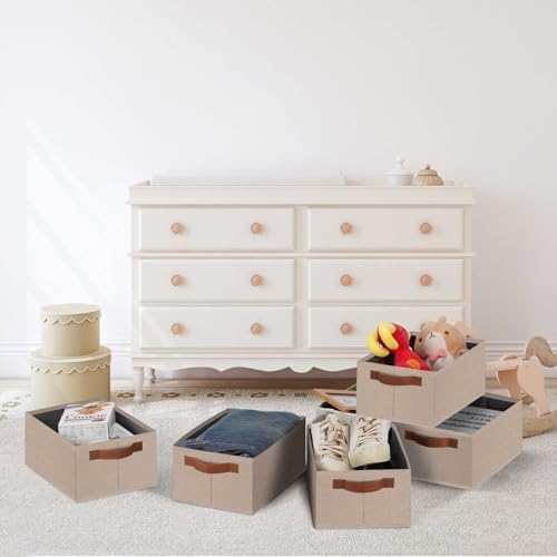 GhvyenntteS Small Fabric Storage Bins 6 Pack, 11.8" x 7.87" x 5.11" Storage Basket with Leather Handles, Closet Storage Bins for Shelves, Storage Baskets for Shelves, DVD Storage (Beige Yellow) - Image 4