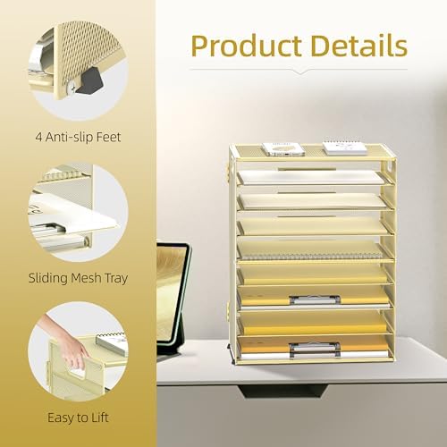 9-Tier Paper Organizer for Desk, Metal Mesh Letter Tray with Handles, Gold - Image 3