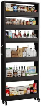 Slim Storage Cart, Lightweight 6 Tier Metal Rolling Utility Kitchen Cart on Wheels, Mobile Storage Shelving Unit Organizer for Bathroom Laundry Office Narrow Places (Black, 6" D) by Qiaoxuan