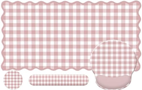 Pink Gingham Scalloped Desk Mat Set, Mouse Pad with Gel Wrist Rest,Ergonomic Keyboard Wrist Support for Women Non-Slip Desk Pad Home Office Decor by Unknown