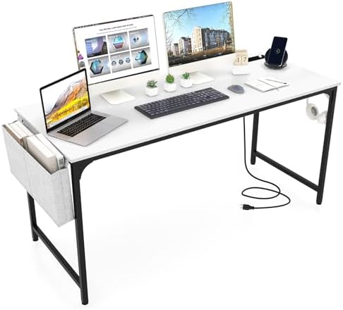 Giantex 60 Inch Computer Desk with Charging Station, Home Office Writing Desk with Storage Bag & Headphone Hook, Large Gaming Table PC Workstation, Modern Simple Laptop Desk for Bedroom, Study by Giantex