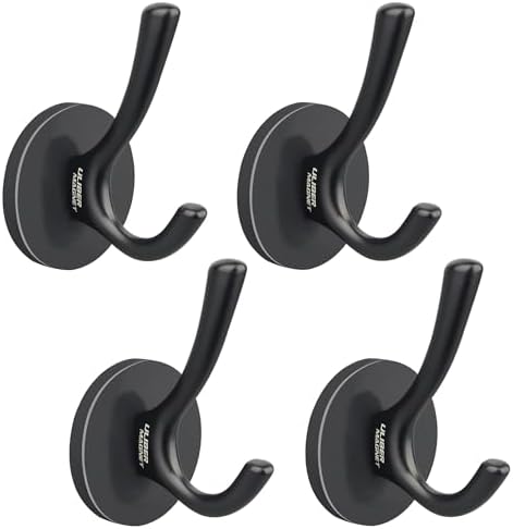 ULIBERMAGNET Strong Magnetic Double Hooks, 4 Pack Heavy Duty Sturdy Coat Magnetic Hooks, Rubber Magnets Large Hooks for Coat Robe Towel Key Hat (Black) by ULIBERMAGNET