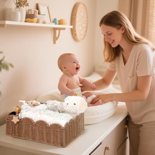 Wicker Diaper Caddy Organizer, Nursery Storage Basket for Diapers and Baby Wipes, Baby Essentials Organizer for Changing Table, Splinter Free Rattan Style (Tea Brown, L) - Image 2