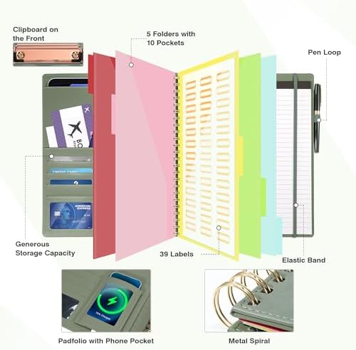 Clipboard with Storage for Men Women, Leather Padfolio Portfolio Organizer 5 Folders with 10 Pockets, Spiral Clipboard Folio with Notepad for Letter Size, Elastic Closure and Pen Loop Sage Green - Image 3