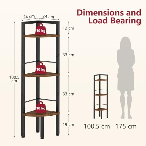 Tajsoon Corner Shelf Stand 3 Tier 39.5" with Metal Frame, Rustic Brown - Image 2