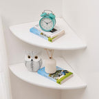 Corner Wall Shelves, White Floating Corner Shelf, Set of 2 16inch Solid Oak Wood Shelves, Round End Wall Mount Display Shelf with Wire Hole for Small Plant for Bedroom Kitchen, Living Room by Coamily