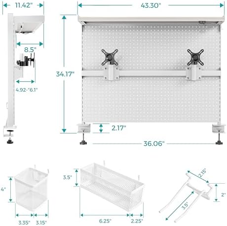 EUREKA ERGONOMIC Desk Pegboard with Dual Monitor Stands, LED Metal Pegboard for Gaming Desk, Privacy Panel with 4 Accessories Modular Hanging, Computer Accessories for Office, 43 x 34 Inch, White - Image 2