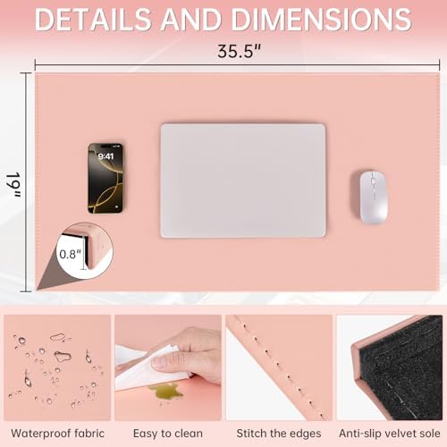 AKOZLIN 35.4"x 18.9" Soft PU Leather Surface Office Desk Mouse Mat Anti-Push Pad with Full Grip Fixation Lip Table Blotter Edge-Locked Protector Pink - Image 4