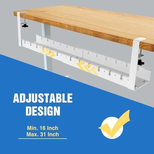 No Drilling Extendable Under Desk Cable Management, Metal Cable Management Tray Under Desk with Clamp, Retractable Power Strip Cord Holder for Wire Management 31Inch (1 Pack White) - Image 2