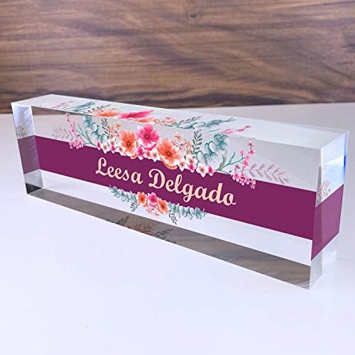 Artblox Office Desk Name Plate Personalized | Custom Name Plates for Desks | Wild Flowers Design On Clear Acrylic Glass | Office Desk Decor - (8" x 2.5") by Artblox
