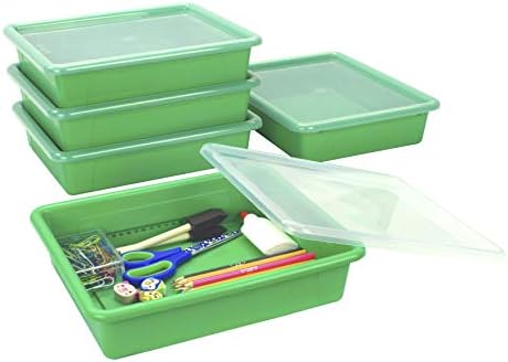 Storex Letter Size Flat Storage Tray – Organizer Bin with Non-Snap Lid for Classroom, Office and Home, Green, 5-Pack (62539U05C) by Storex