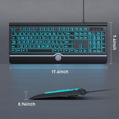 Large Print Backlit Computer Keyboard, 7-Color Backlit Keyboard with Wrist Rest, USB Plug-and-Play, Oversize Letters Keys Easy to See and Type, Wired Light Up Keyboards for Laptop, PC, Gaming - Image 2