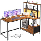 HOOBRO L Shaped Gaming Desk, 46 Inch Reversible Computer Desk with LED Light & Power Outlet, Office Desk with Storage Shelves & Drawer, for Home Office, Study, Rustic Brown and Black BF18UDDN01 by HOOBRO