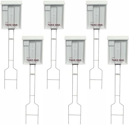 Outdoor Real Estate Brochure Box on Yard Stake, Weatherproof Self-Closing Lid, Take One Flyer Holder, Holds 250 8.5 x 11 Documents and 60 Business Cards, 46 inch Stand (White, Pack of 6) by Unknown